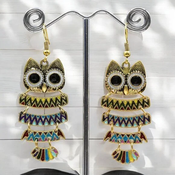 Bohemian Owl Drop Earrings | Colorful Enamel - Picture 4 of 5